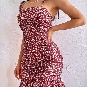 SHEIN Ruched Ruffled Spaghetti Strap Bodycon Midi Dress